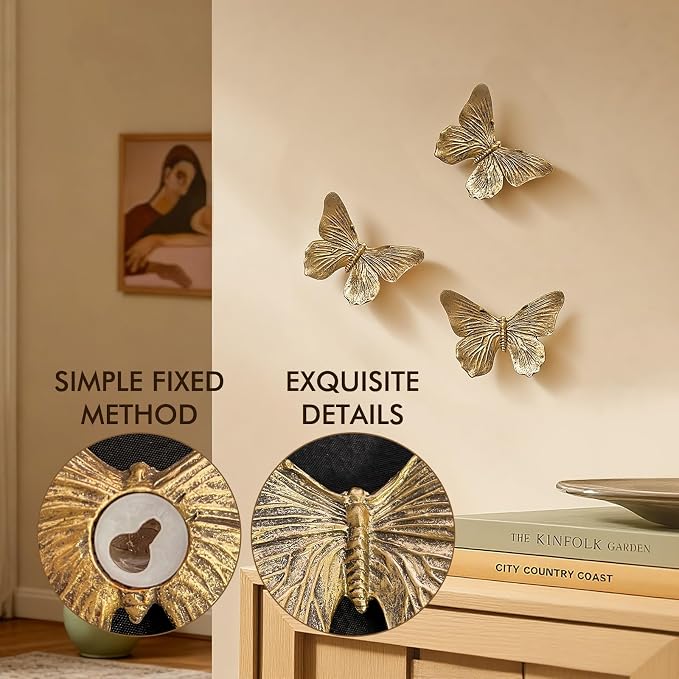 GUSFREUD 3D Butterfly Wall Decor Set – Resin Wall Decor for Living Room, Bedroom, Bathroom, Dining Room, Outdoor and Gallery Walls - Antique Copper - Set of 3 - Image 4