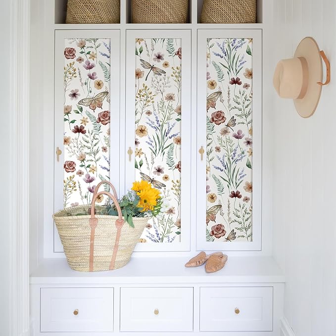 Orainege Vintage Peel and Stick Wallpaper Floral Wallpaper Self Adhesive | 16.9in x 118.1in Butterfly Wall Paper for Bedroom Bathroom Cabinets Decor Removable Vinyl Roll - Image 9