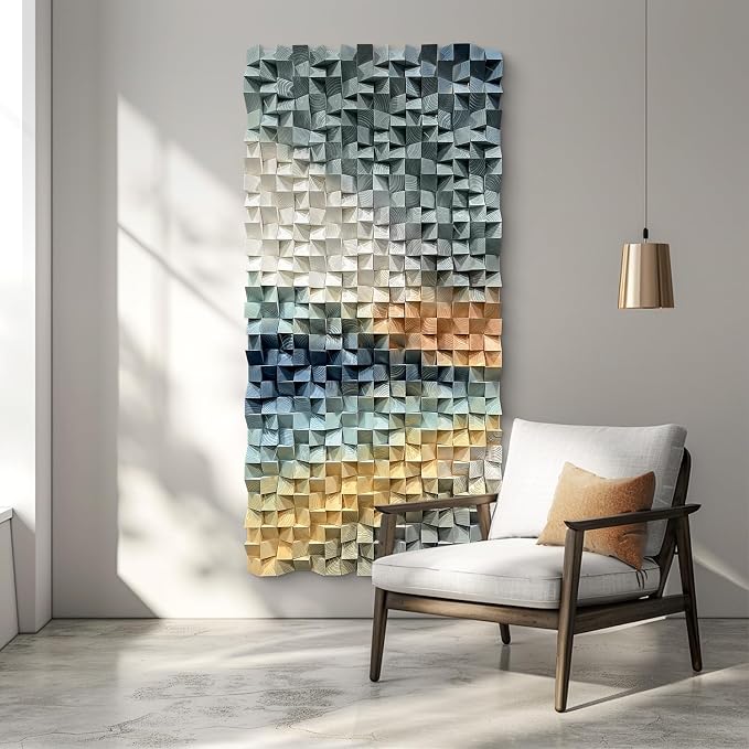 LIUZEYUE Angled Cube Pattern, Modern Wall Decor in Pine, 3D Wooden Decor | wooden wall decor; charcoal and ivory, high-impact wall presence; dining room buffet-wall accent; 27.6 x 55.1 in - Image 7