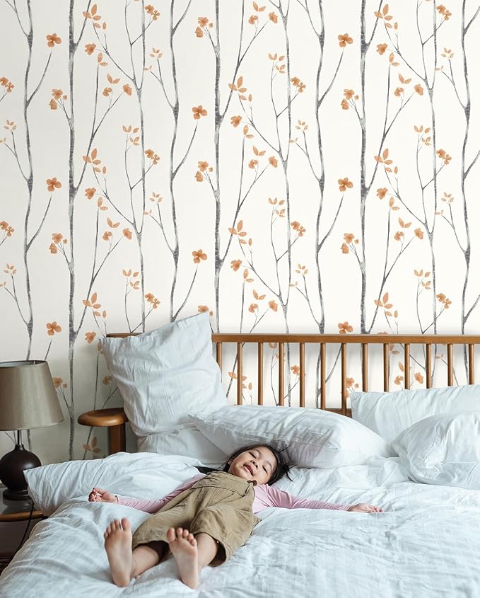 Timeet Boho Peel and Stick Wallpaper Floral Wall Paper Tree Contact Paper White and Orange Clearance Removable Self Adhesive Thicken Eco-Friendly Deacoral Bedroom Bathroom 16.14"x78.7" - Image 5