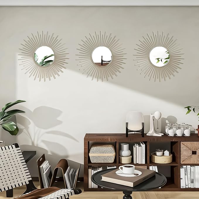 3 Pack Metal Mirrors for Wall Sunburst Wall Mirrors Home Décor Decorative Hanging Wall Art for Living Room Bedroom Entryway (Silver2, Sunburst) - Image 4