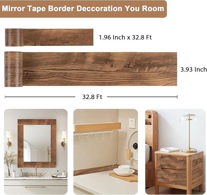 Alened 10M Brown Mirror Border Peel and Stick, Wood Grain Wallpaper Border - Image 4