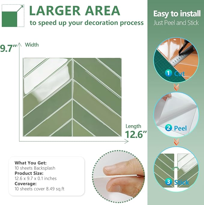 STICKGOO Herringbone Peel and Stick Backsplash, Olive Green, 10 Sheets | 12.6 x 9.7 in, Thicker Rectangular Vinyl Stick-On Wall Tiles, Easy Alignment, Waterproof, Easy to Clean, Kitchen/Bathroom - Image 6