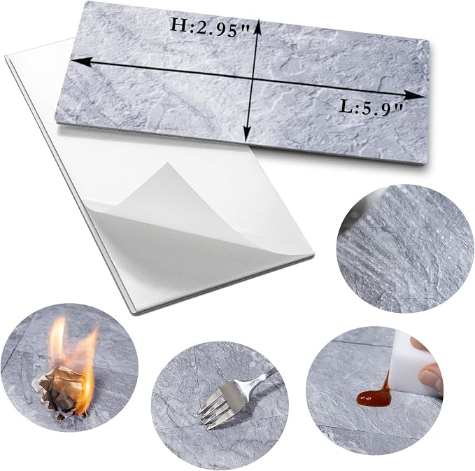 AULIGET 100-Piece Peel and Stick Backsplash Wall Tiles, 3" x 6" PVC Grey Marble Faux Stick on Tiles for Backsplash Kitchen, Bathroom, Laundry Room, Camper, Fireplace - Image 5