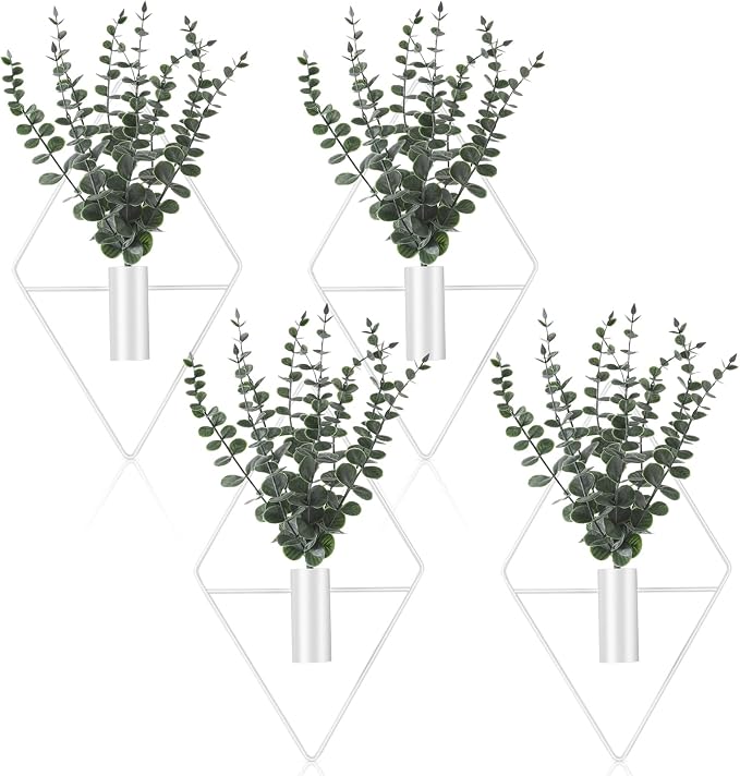 Jexine 4 Pcs Hanging Planters with Artificial Eucalyptus, Metal Wall Vase | Bathroom Wall Decor, Geometric Metal Vase, Indoor Plants, Living Room, Home Office, Entryway, Boho Accent, Wall Mounted by Jexine