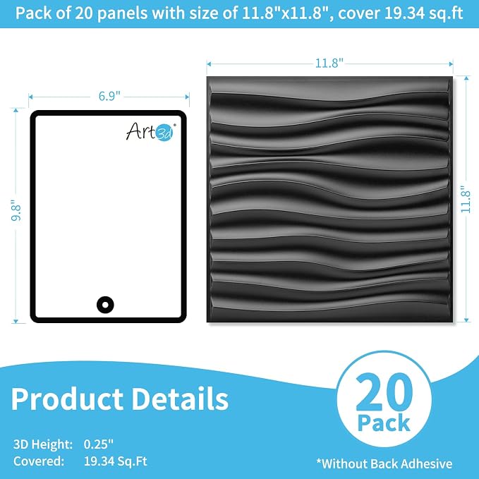 Art3d 20 Pack Decorative 3D Wall Panels, 19 Sq.Feet PVC Interior Wall Décor, 11.8"x11.8", Black - Image 2