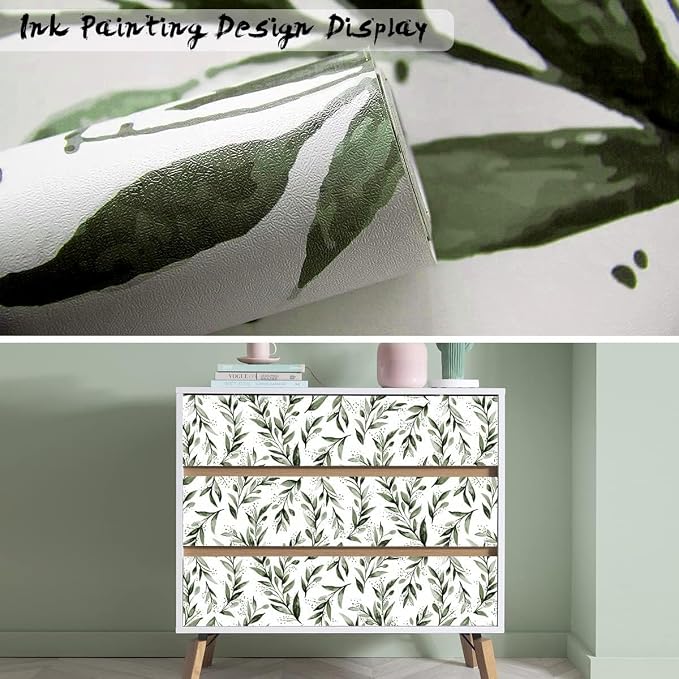 Livebor Leaf Wallpaper Peel and Stick Green Contact Paper17.7” x 118.1” | Sage Green Peel and Stick Wallpaper Adhesive Shelf Liner Wall Paper for Bathroom Neutral Olive Wallpaper Decorative Vinyl - Image 5