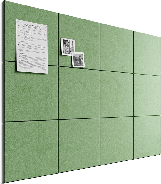 Bumusty 48"x 36" Large Felt Bulletin Board Tiles, Moss Green | 12-Pack Cork Board Alternative, Wall Decor, 30 Pushpins, 60 Adhesive Tabs, Vision Board, Office, Classroom, Home, Dorm by BUMUSTY