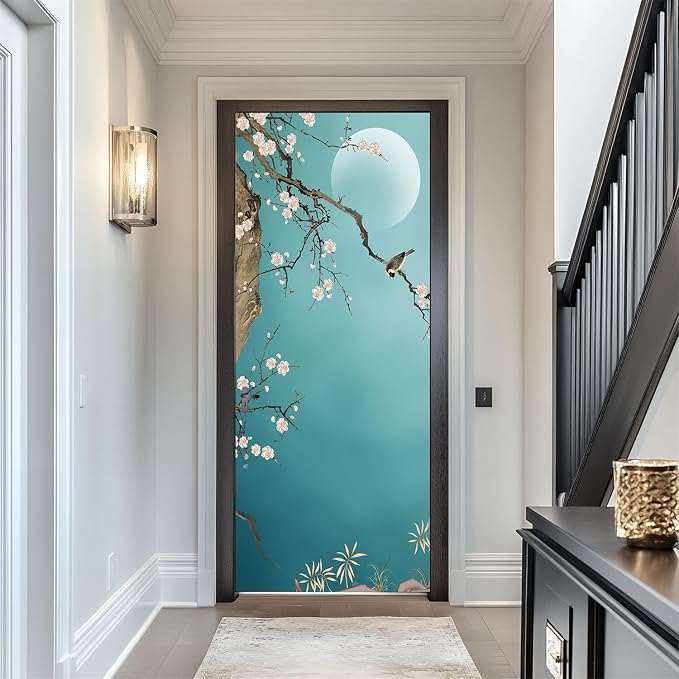 artfanke 3D Door Sticker Peel and Stick 33.5"x84.6"-Self-Adhesive Door Wallpaper Murals Poster - Hand-Painted Plum Bird Wall Decal for Home Decor (2 Sheets/Set) - Image 4