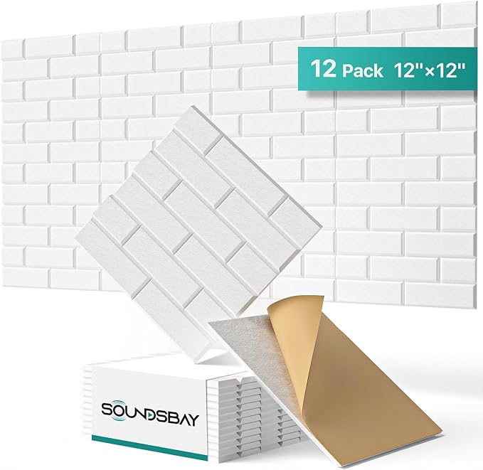 Soundsbay Acoustic Panels Self Adhesive, 12 Pack High Density Sound Proof Foam Panels for Walls, 12" X 12" X 0.4" Soundproof Wall Panels, Brick Acoustic Wall Panels for Home, Ceiling White | Covers 11.6 sq ft, 150kg/m³ High-Density Polyester, Soundproo... by Soundsbay