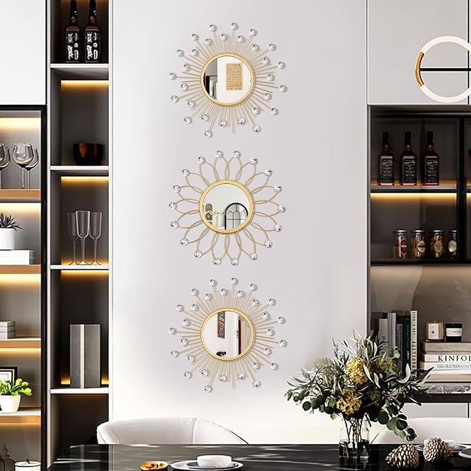 3 Pack Metal Mirrors for Wall Sunburst Wall Mirrors Home Décor Decorative Hanging Wall Art for Living Room Bedroom Entryway (Gold Crystal, Flower+Sunburst) - Image 2