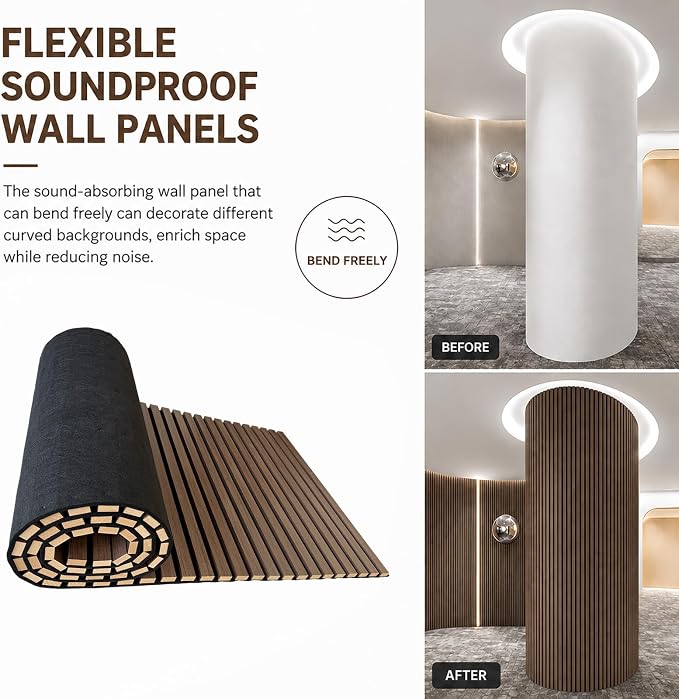 Acoustic Wood Panels for Wall,3D Flexible Fluted Sound Slat Panel (Brown) | Soundproof ,Absorbing,Noise Cancelling,94.5 x 23.6in - Image 6