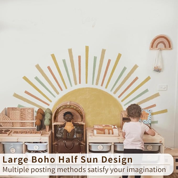 Large Radiant Boho Sunshine Wall Decal for Nursery Playroom | 48.07" x 24.82" Colorful Half Sun Wall Sticker, Peel and Stick Nursery Sun Rise Wall Mural for Kids Bedroom and Classroom - Image 4