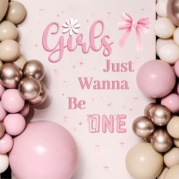 LHIUEM Pink Girls Just Wanna Be One First Birthday Decals Pink Bow Knot 1st Birthday Party Stickers for Girl Gift Birth Theme Girls Just Wanna Be One wall Decal Banner for Arch Baby Shower Backdrop - Image 6