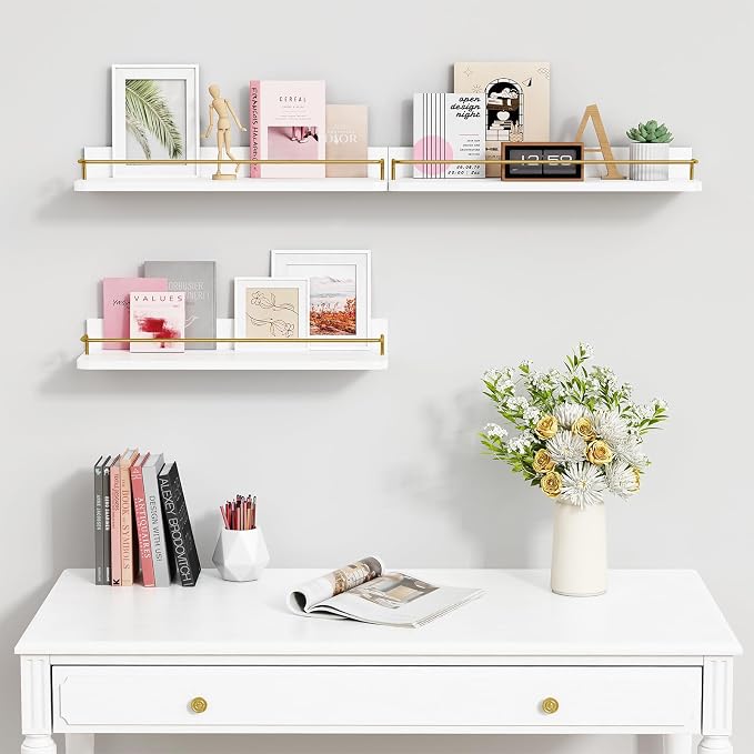 Forbena Gold Floating Shelves for Wall Decor Set of 3, Bathroom Shelves Over Toilet, Modern Display Wall Shelf with Guard Rail for Living Room Bedroom Organizers and Storage - White and Gold - Image 6