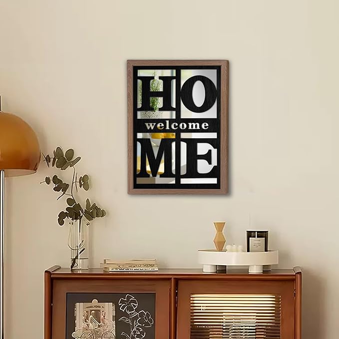 Welcome Home Signs Wall Decor, Wooden Rustic Farmhouse Square Wall Mirror，Accent Mirror for Living Room, Bedroom, Entryway 18”x12” - Image 2