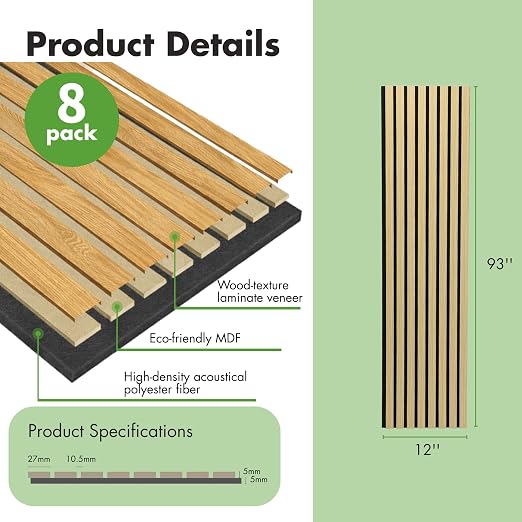 Art3d 8-Pack 12" x 93" Soundproof Wood Slat Panels, 62 sq.ft Acoustic Wall Panels, 3D Wall Panels with Wood Slat Design, Decorative Wood Wall Panel for Accent Walls-Oak - Image 3