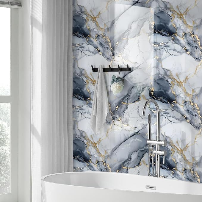 10pcs Thick Marble Peel and Stick Waterproof Wall Panels,Heat-Resistant Backsplash Tile, 23.6"x11.8" PVC Foam Wall Sticker for Kitchen,Living Rooms,TV Walls,Blue and Gold (Not Real Tile 19.4Sq. Ft.) - Image 3