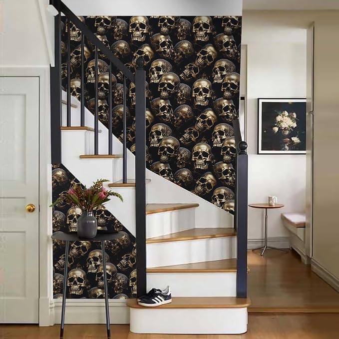 18"x236" Black Gold Creative Gothic Skull Peel and Stick Self Adhesive Wallpaper Removable Contact Paper Stick on Easy Peel Off Wall Paper for Kitchen Bedroom Bathroom Renter - Image 6