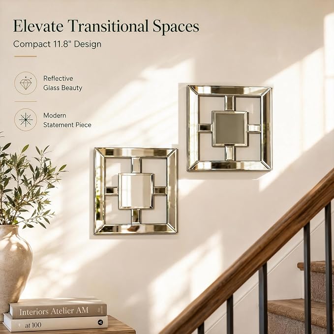 Square Decorative Wall Mirror 12 x 12 Inch, Silver Frameless Mirror Wall Decor with Beveled Edge, Modern Wall Mounted Accent Mirror for Living Room, Bedroom, Hallway, Set of 2 - Image 5