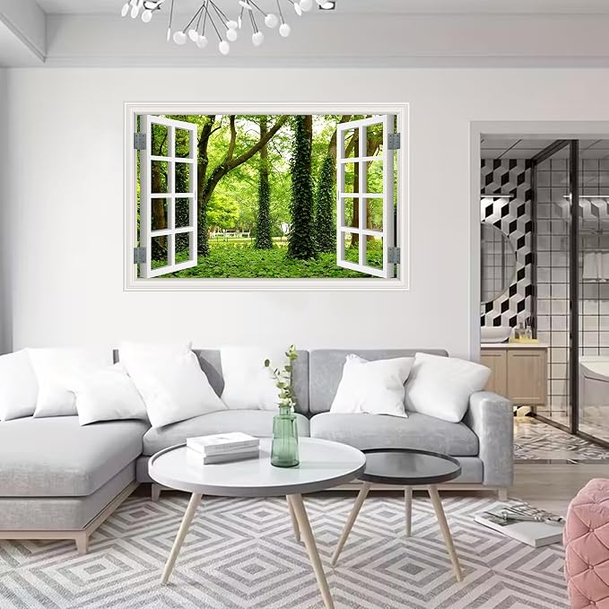 ‌Lmyhome Fake Window Wall Mural Green Grass Forest (64"x48") | Peel and Stick Faux Window Wall Sticker Decal Poster for Bedroom Home Decor - Image 3