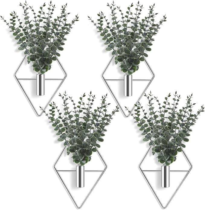 Jexine 8 Pcs Hanging Artificial Planters Wall Decor, Silver, Eucalyptus | Bathroom Wall Decor, Geometric Metal Vase, Indoor Plants, Living Room, Home Office, Entryway, Boho Accent, Wall Mounted - Image 8