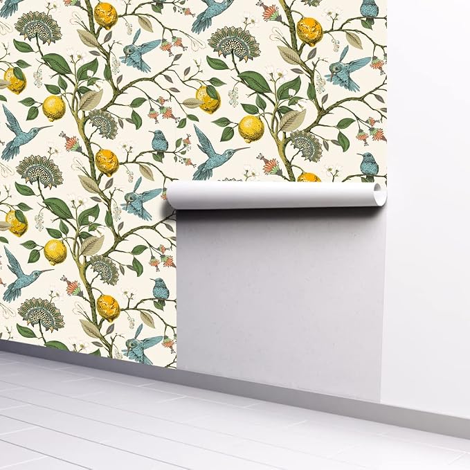 Blue Bird Wallpaper Fresh Lemon Tree Peel and Stick Wallpaper | Vintage Botanical Bird Fruit Self Adhesive Wall Paper Removable Waterproof Prepasted Contact Paper Wall Mural 17.7in x 9.8ft - Image 7