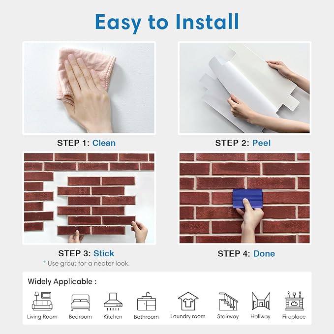 COMSTICKC 3D Peel and Stick Faux Brick Wall Panels for Quick DIY Wall Decor | Red, 10 Pcs 15.7" x 11.8", Not Real Brick, Lightweight Thin PVC Decorative Wall Sticker for Wall Makeover,Cover 12.9 sq ft - Image 8