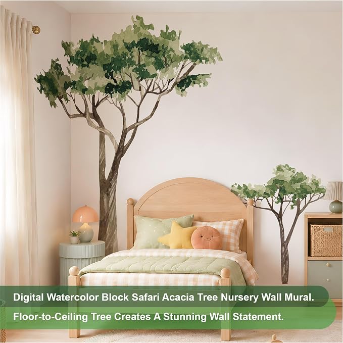 7.4 Ft x 5.9 Ft Safari Acacia Tree Decals, Oversized for Nursery | Peel and Stick Tropical Wall Mural, Watercolor Block Style, Self-Adhesive Jungle Themed for Living Room and Kindergarten - Image 2