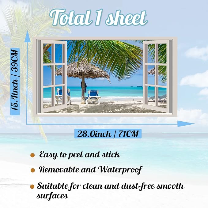 Beach Wall Sticker 3D Fake Windows Wall Stickers Beach Seascape Walls Decals Removable 3D Ocean Walls Decal Blue Sea Landscape Palm Tree Art Mural Vinyl Stickers for Bedroom Living Room Decoration - Image 7
