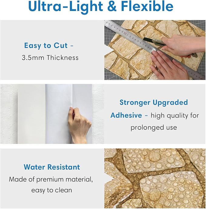 COMSTICKC 3D Faux Stone Wall Panels Peel and Stick, 10 Pcs 11.8" x 11.8" | Yellow, Not Real Stone Wall Wallpaper, Fake Stone Decorative Tiles Wall Covering for Quick DIY Wall Upgrades, Cover 9.7 sq ft - Image 4