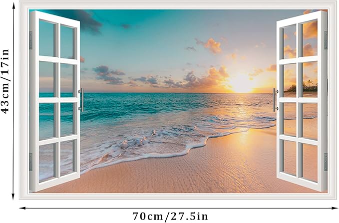 Sea Beach Wall Sticker Sunset Seascape Fake Window Wall Stickers Tropical Sandy Beach Faux Window Wall Decal Removable Ocean Landscape Window View Wall Mural for Living Room - Image 6