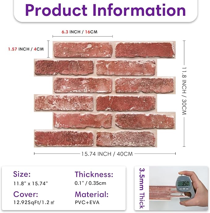 3D Faux Brick Wall Panels Peel and Stick, Designed for Quick DIY | Vintage Red, 10 Pcs 15.7" x 11.8", Brick-Look, Light PVC Fake Brick Wall Covering Tiles for Wall Renovation, Cover 12.9 sq ft - Image 5