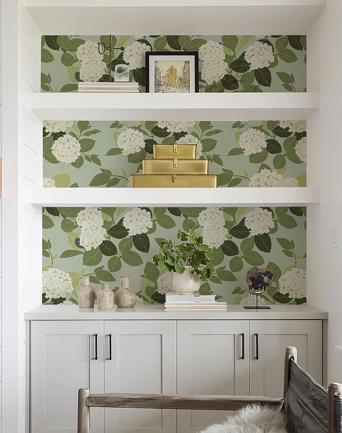 Floral Peel and Stick Wallpaper Self Adhesive Hydrangea Wall Paper French Country Cream Stick on Wallpaper for Bedroom Wall Decor Elegant Mural (Green Hydrangea, 472.44“ X 17.4") - Image 6