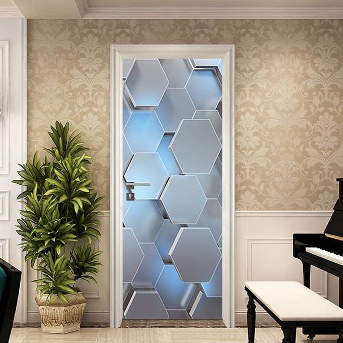 Door Stickers Peel Stick Murals -Wall Covers Decorative Decal Hexashape | 30.3"W x 78.7"H, 3D Hexashape Wallpaper，Waterproof Removable Opaque Vinyl Self Adhesive Fake Door Decor for Home Office - Image 6