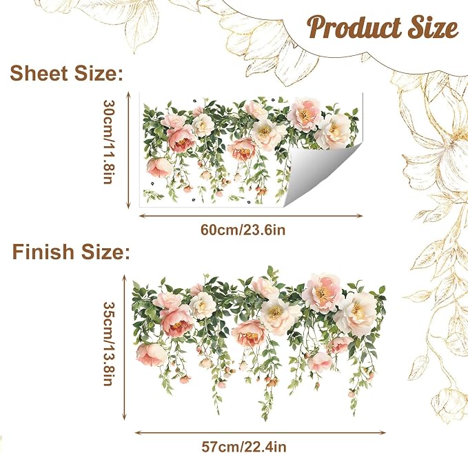 Flower Wall Decals, Removable PVC Stickers Indoor Decor | Vivid Rose Print, Peel and Stick Wall Decals Murals Art Decor , Wallpaper for Girls Bedroom Living Room Kitchen TV Background - Image 2