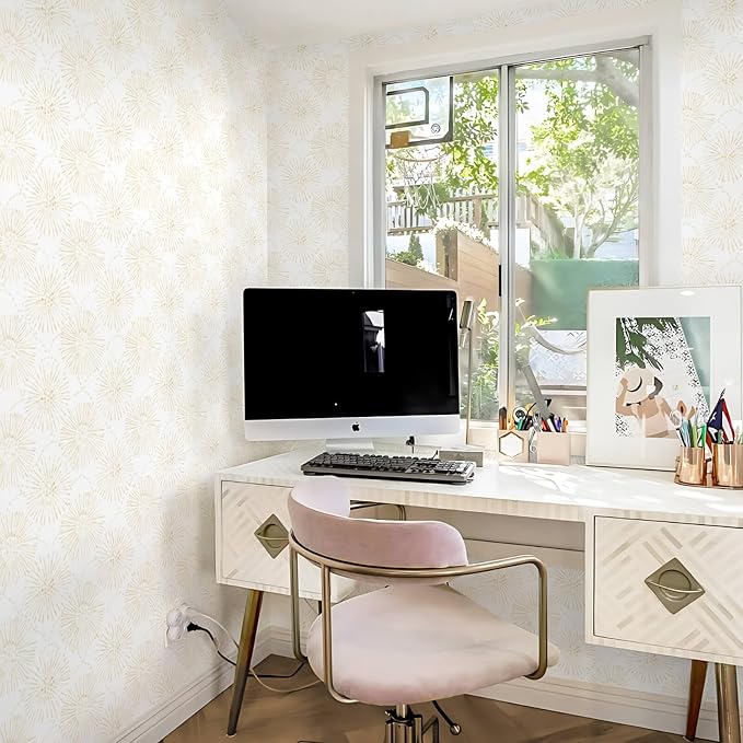 Boho Wallpaper Beige Wall Paper Peel and Stick Modern Beige and White Geometric Fireworks Contact Paper Renter Friendly Self-Adhesive Removable Bathroom Bedroom Laundry Room 17.3" × 78.7" - Image 4