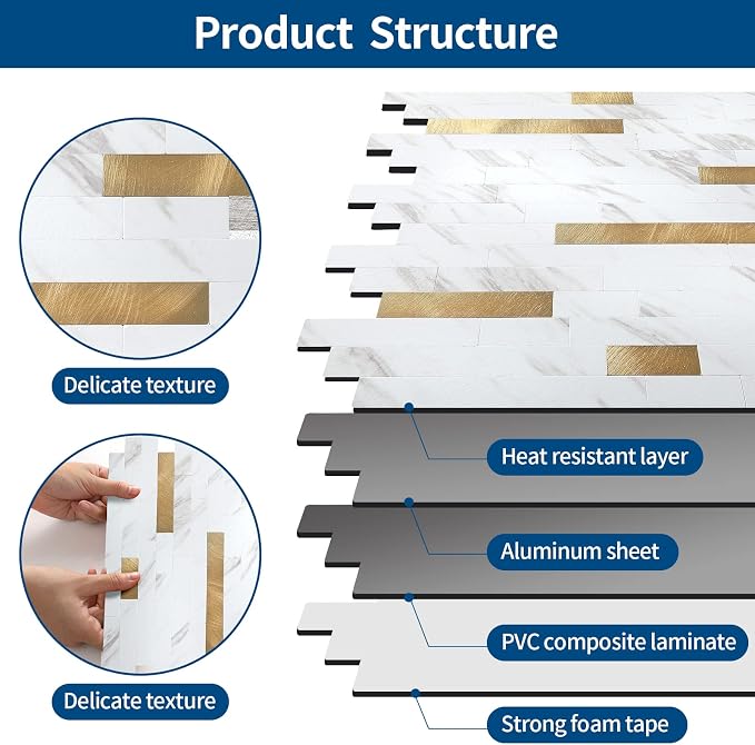 Yipscazo 1 Sheet Peel and Stick Stone Metal Tile Backsplash, Stick on Tiles for Backsplash Kitchen, Bathroom, Laundry Room, Camper, Fireplace (12'' X 12'', White Stone with Gold) - Image 6