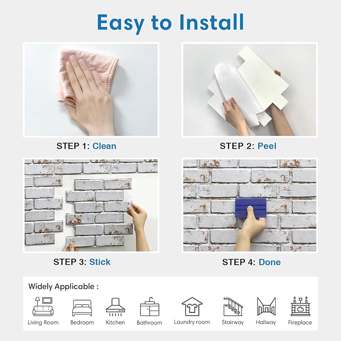 COMSTICKC 3D Faux Brick Wall Panels Peel and Stick, 10 Pcs 11.8" x 11.8" | Retro Whitewash, Not Real Brick, Ultra-Light Thin PVC 3D Fake Brick Wallpaper Decorative Tiles for DIY Interior Decor - Image 7