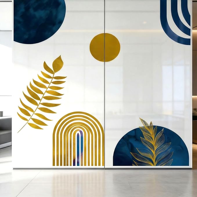 Boho Mid-Centry Morden Abstract Arch Palm Leaf Geometric Wall Decals Decor | Luxury navy blue gold abstract palm leaves botanical circle removable vinyl wall stickers mural for living room bedroom by VePret