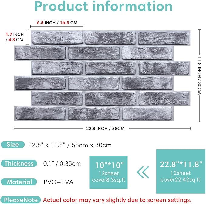 Commomy Faux Brick 3D Wall Panels,Thin UrltraLight PVC 22.8" x 11.8" | Thin UrltraLight PVC Peel and Stick Tile Retro Brick Printable for Bedroom,Living Room,TV Background（Covers 22.48 sq.ft) - Image 6