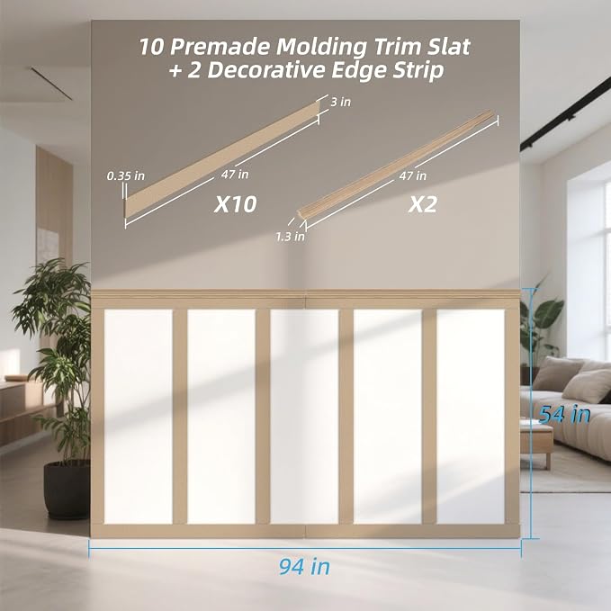 Art3d MDF Premade Paintable Board and Batten Wainscoting Kit, 94.5 x 54 in | Molding Slat with Edge Strip, Lightweight, Paintable, Impact-Resistant, Easy to Install, Ideal for Living Rooms, Bedrooms - Image 6