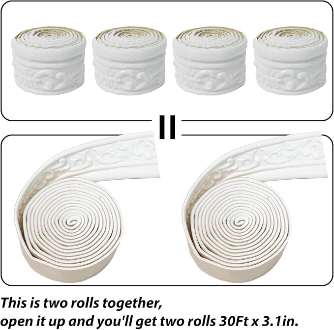 360" x 3.1" Peel Stick Foam Molding Trim Self Adhesive, Crown Molding Wallpaper Border Flexible, 3D Wall Edging Lines Foam Baseboard, Wall Trim for Home, White, 4PC - Image 3