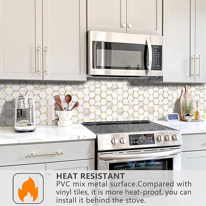 STICKGOO Hexagon Peel and Stick on Backsplash for Kitchen and Bathroom, White Marble Look PVC Mixed Metal Gold Self Adhesive Metal Mosaic Tiles(10 Sheets, Seamless) - Image 4