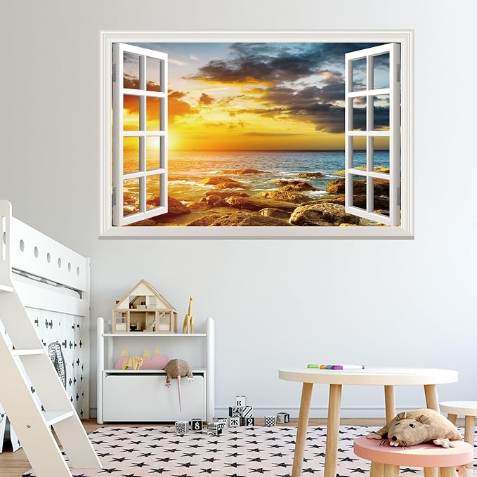 Fake Window Wall Sticker- Sunset Beach Seascape Open Wall Art Decal | Faux Window Ocean Natural Scenery Landscape Mural｜Stick and Peel Wall Decals｜Room Bedroom Office Scene Picture Decor｜24"x16" - Image 9