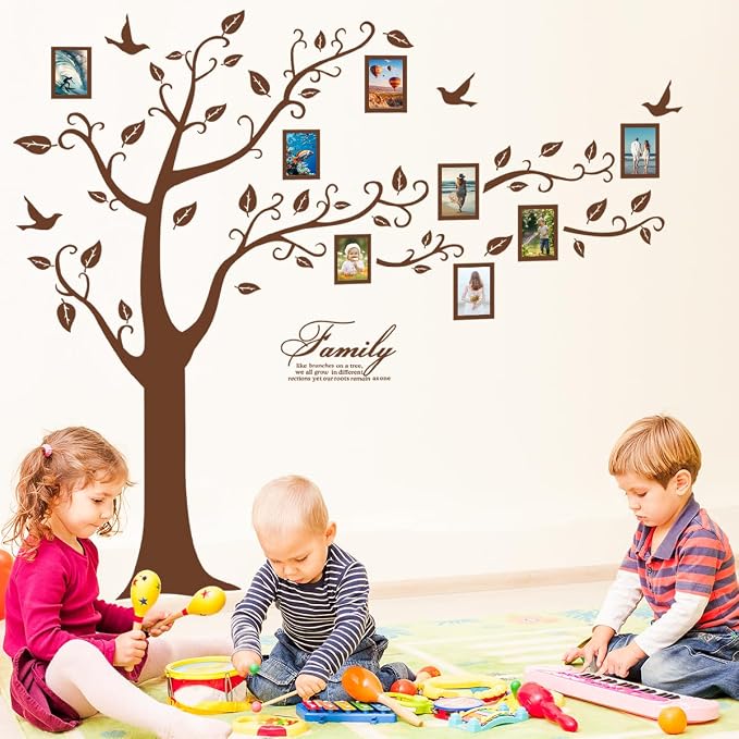 Large Family Photo Tree Wall Sticker 3D Peel and Stick Vinyl Photo Frame Tree Wall Decals Removable Quotes Leaf and Birds Wall Decor for Home Kids Bedroom Living Room Classroom Nursery (Right, Brown) - Image 5