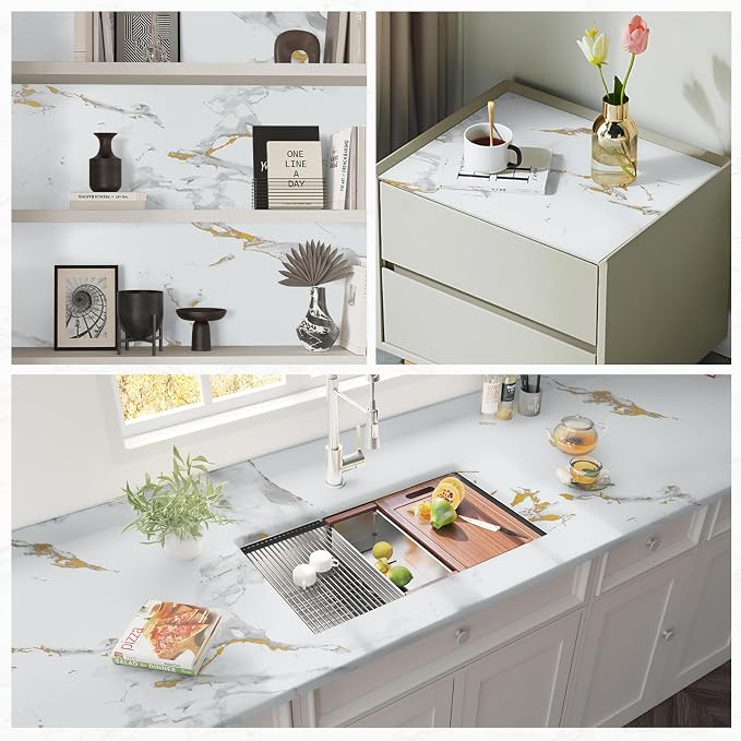 Marble Contact Paper Gold Peel and Stick Wallpaper for Kitchen Countertop | 11.8" x 78.7" Glossy White Granite Removable Wall Paper for Kitchen Countertop Cabinet Furniture - Image 8