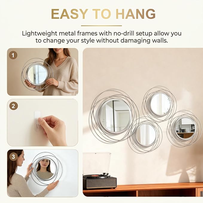 4 Piece Gold Round Wall Mirror Set Modern Metal Circles for Home Decor - Image 4