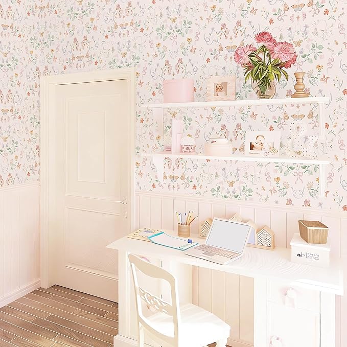 Peel and Stick Wallpaper for Nursery Pink Cute Bow Leaf Waterproof | 78.7"×17.3" Colorful Butterfly Wallpaper Pink Cute Accent Wall Decor with Grid Lines for Bedroom Vinyl Self-adhesive - Image 8