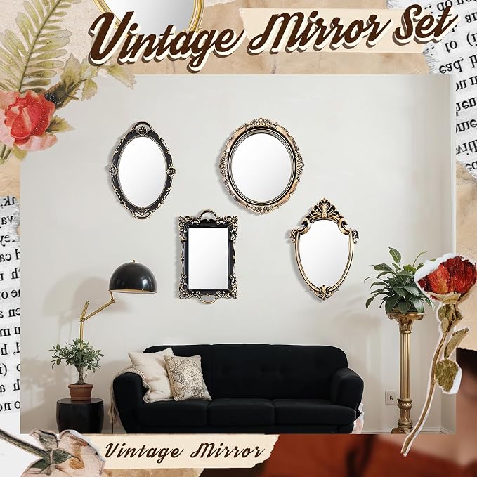 Beeveer 4 Pcs Vintage Gold Wall Mirror Set Luxury Gallery Wall Mirror Decorative Hanging Antique Decor for Living Room Entryway Wedding Bedroom Bathroom Victorian Decor (Vintage,Bronze Gold) - Image 4